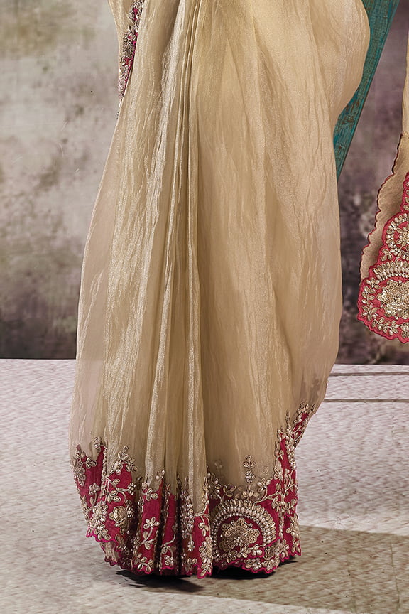 Cream & Pink Drape Saree with Embroidered Jacket