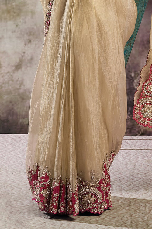 Beige Crystal Organza Satin Stone Embroidered Ready to Wear Drape Saree