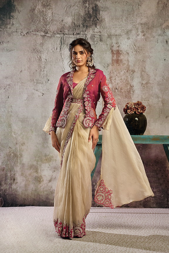 Cream & Pink Drape Saree with Embroidered Jacket