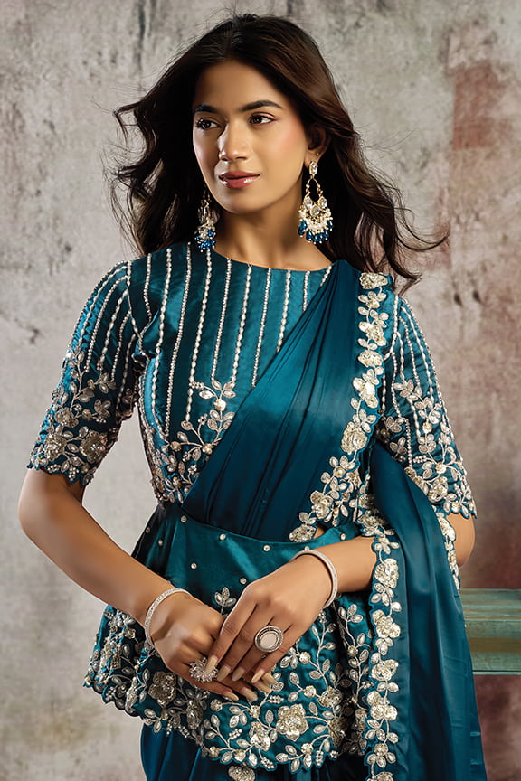 Peacock Blue Drape Saree with Designer Peplum Blouse