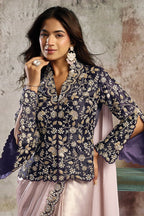Blush Pink & Navy Blue Drape Saree with Embroidered Blazer Blouse