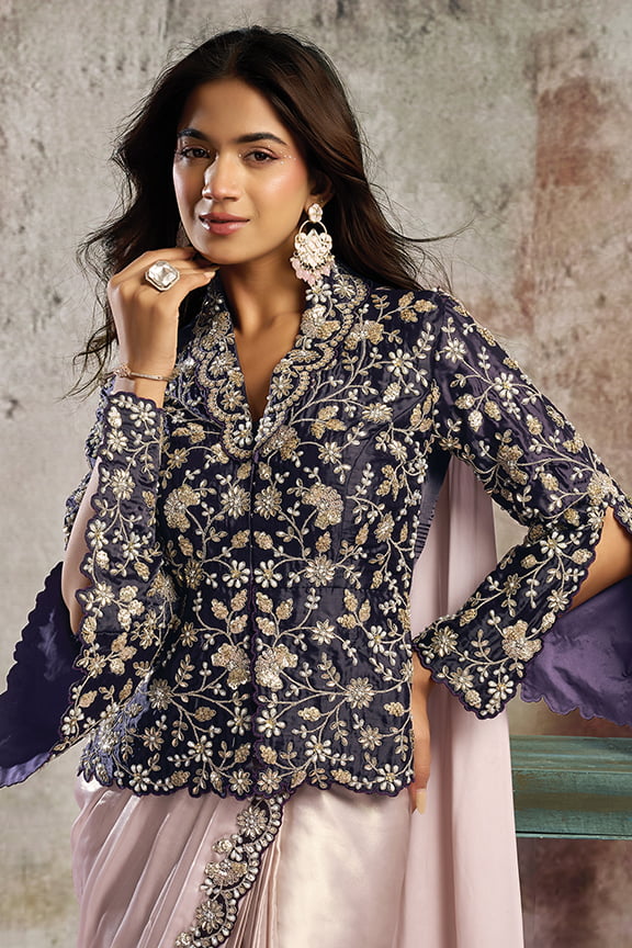 Blush Pink & Navy Blue Drape Saree with Embroidered Blazer Blouse