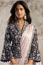 Blush Pink & Navy Blue Drape Saree with Embroidered Blazer Blouse