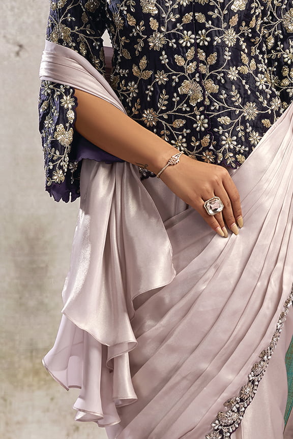 Blush Pink & Navy Blue Drape Saree with Embroidered Blazer Blouse