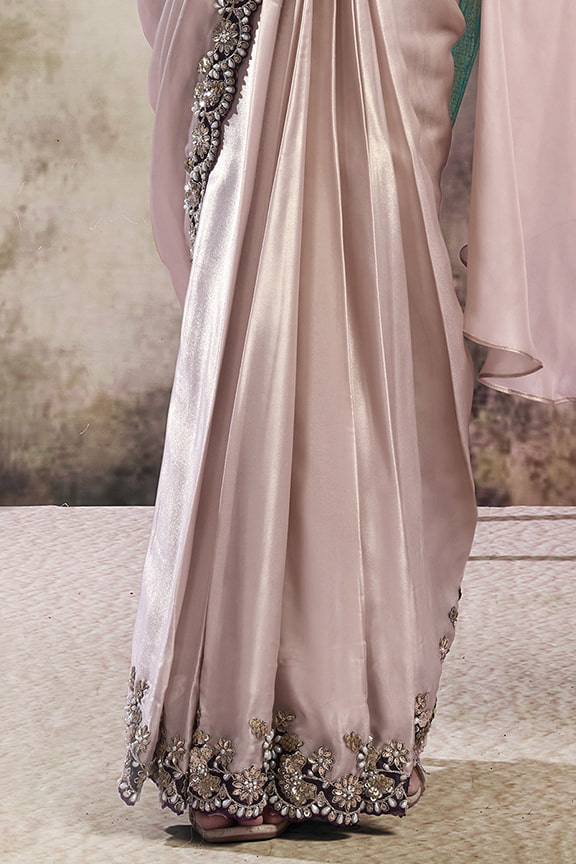 Blush Pink & Navy Blue Drape Saree with Embroidered Blazer Blouse
