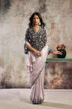 Blush Pink & Navy Blue Drape Saree with Embroidered Blazer Blouse
