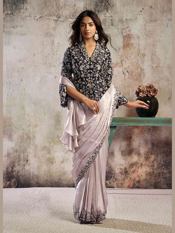 Pink Metallic Glossy Satin Sequin Embroidered Ready to Wear Drape Saree