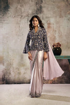 Blush Pink & Navy Blue Drape Saree with Embroidered Blazer Blouse