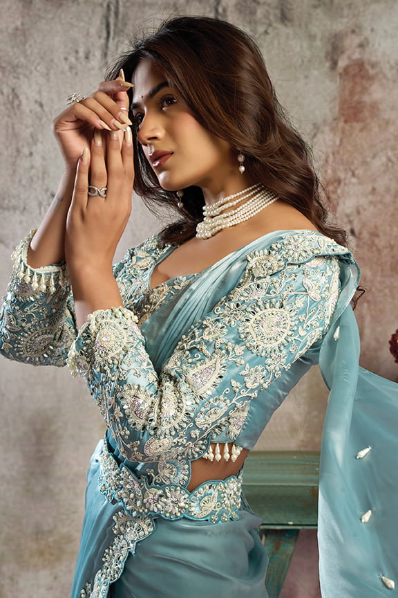 Ice Blue Drape Saree with Embroidered Designer Blouse