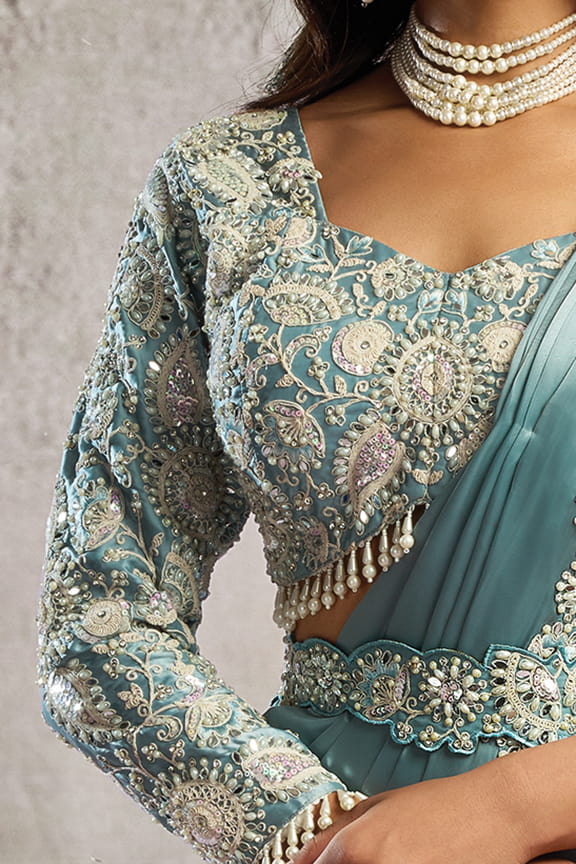 Ice Blue Drape Saree with Embroidered Designer Blouse
