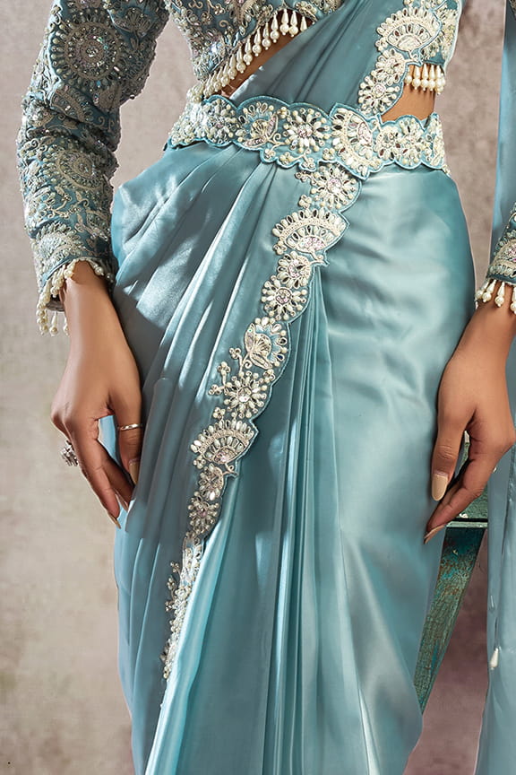 Ice Blue Drape Saree with Embroidered Designer Blouse