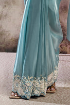 Ice Blue Drape Saree with Embroidered Designer Blouse