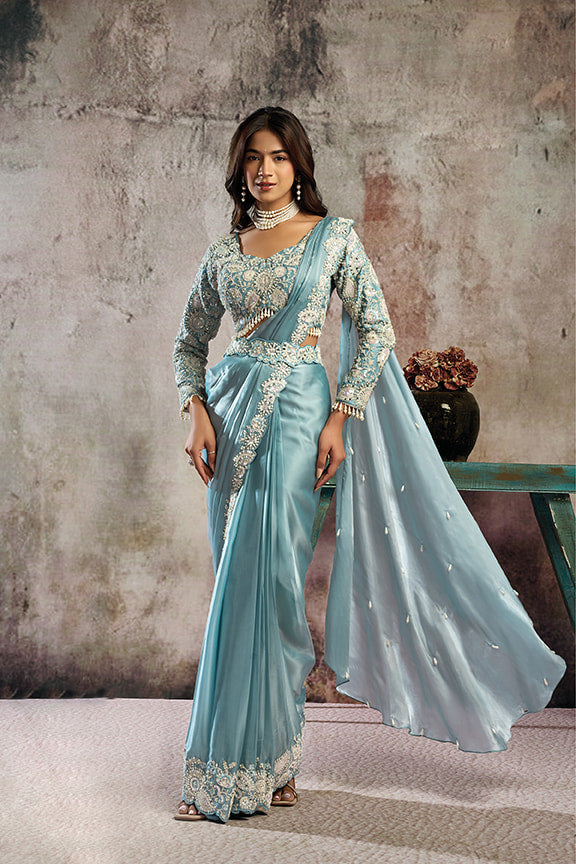 Ice Blue Drape Saree with Embroidered Designer Blouse