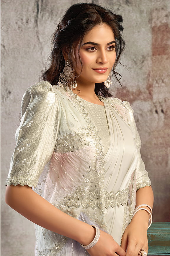 Ivory White Drape Saree with Designer Shrug