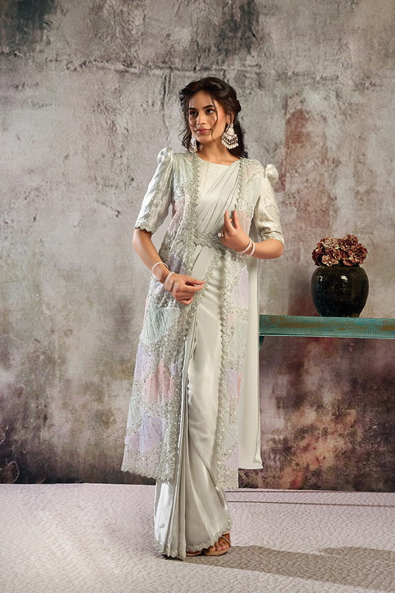 Ivory White Drape Saree with Designer Shrug