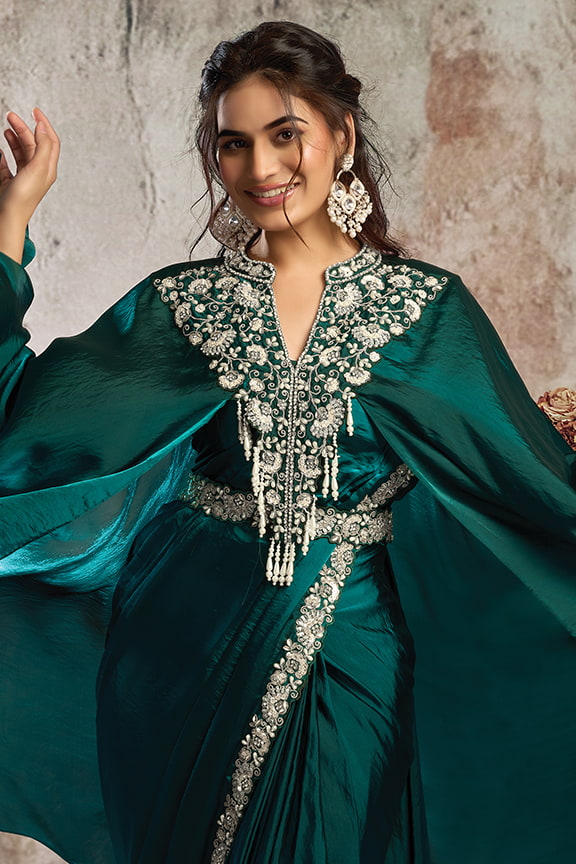Emerald Green Drape Saree with Designer Poncho