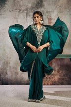 Emerald Green Drape Saree with Designer Poncho