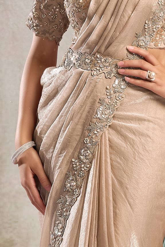 Champagne Beige Drape Saree with Pearl Embroidery