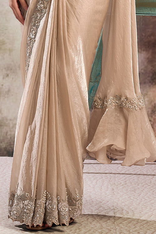 Beige Two Tone Glossy Satin Sequin Embroidered Ready to Wear Drape Saree