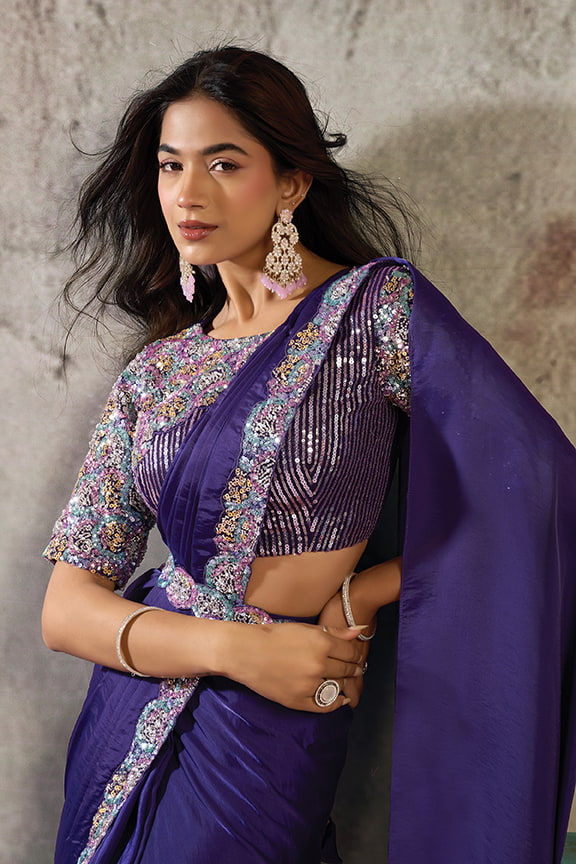 Royal Purple Drape Saree with Designer Mono Net Blouse