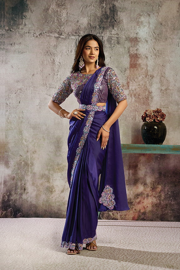 Royal Purple Drape Saree with Designer Mono Net Blouse