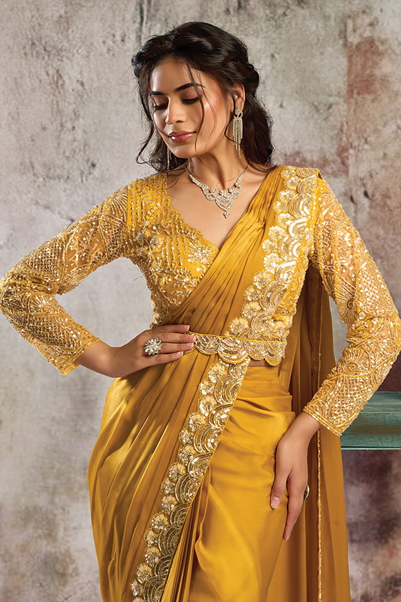 Mustard Gold Drape Saree with Silver Sequins Work
