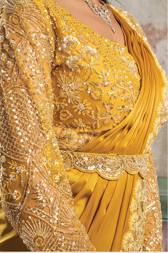Mustard Gold Drape Saree with Silver Sequins Work