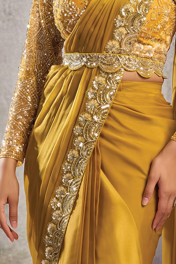 Mustard Gold Drape Saree with Silver Sequins Work