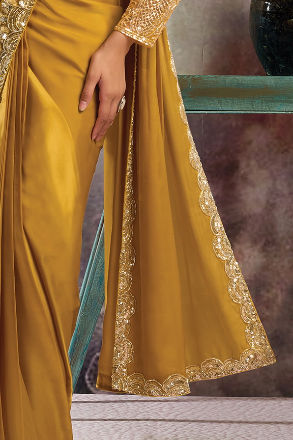 Mustard Gold Drape Saree with Silver Sequins Work