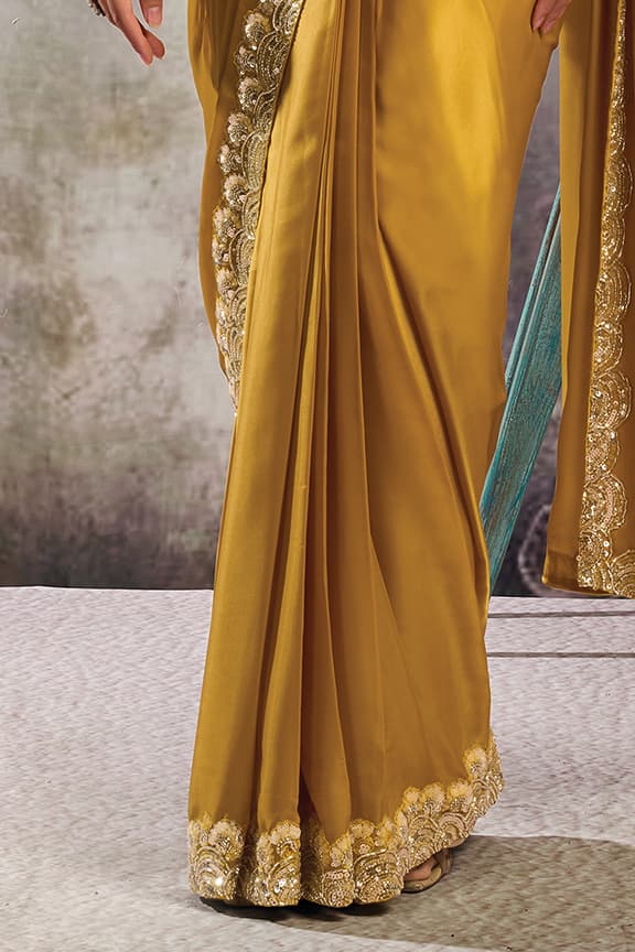 Mustard Gold Drape Saree with Silver Sequins Work