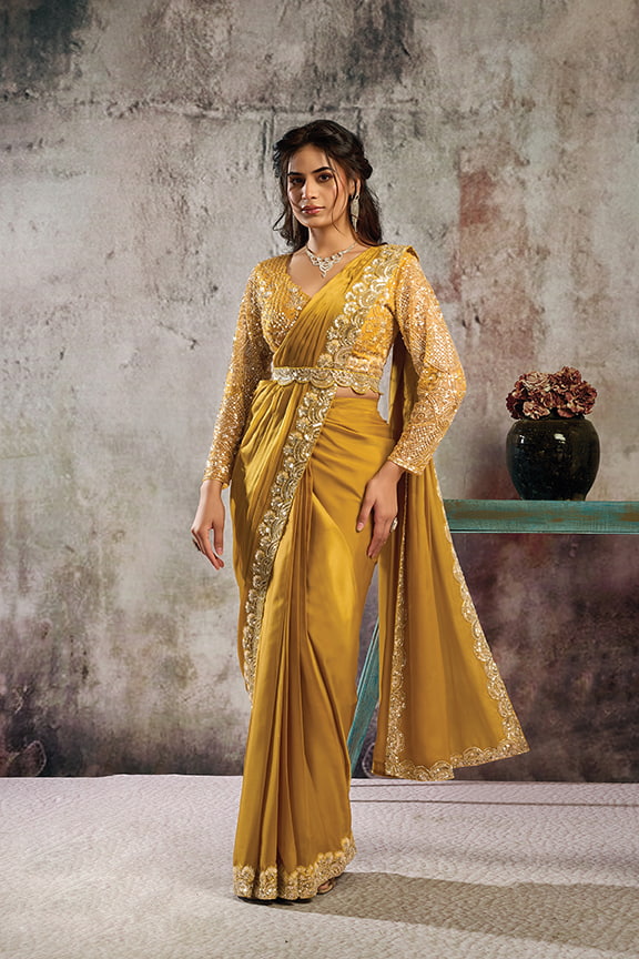 Mustard Gold Drape Saree with Silver Sequins Work