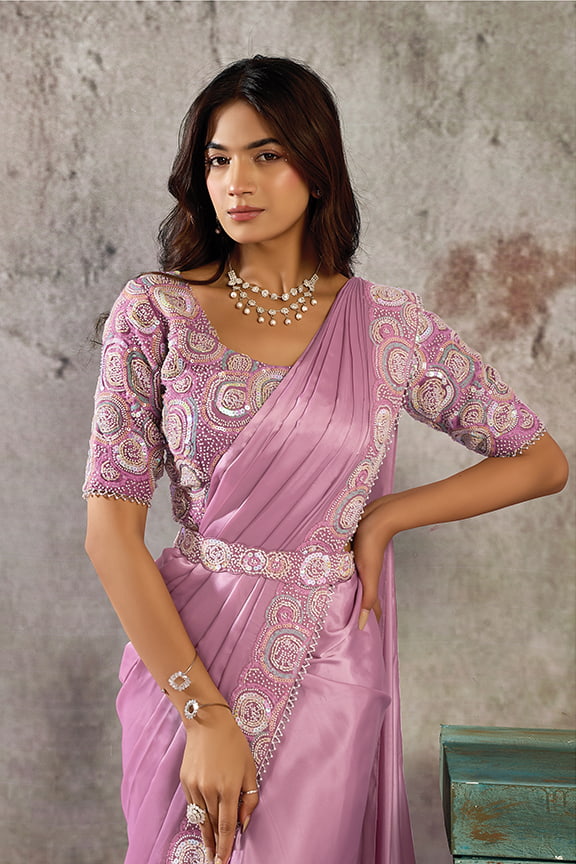 Lavender Pink Drape Saree with Designer Tissue Satin Blouse