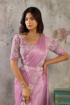 Lavender Pink Drape Saree with Designer Tissue Satin Blouse