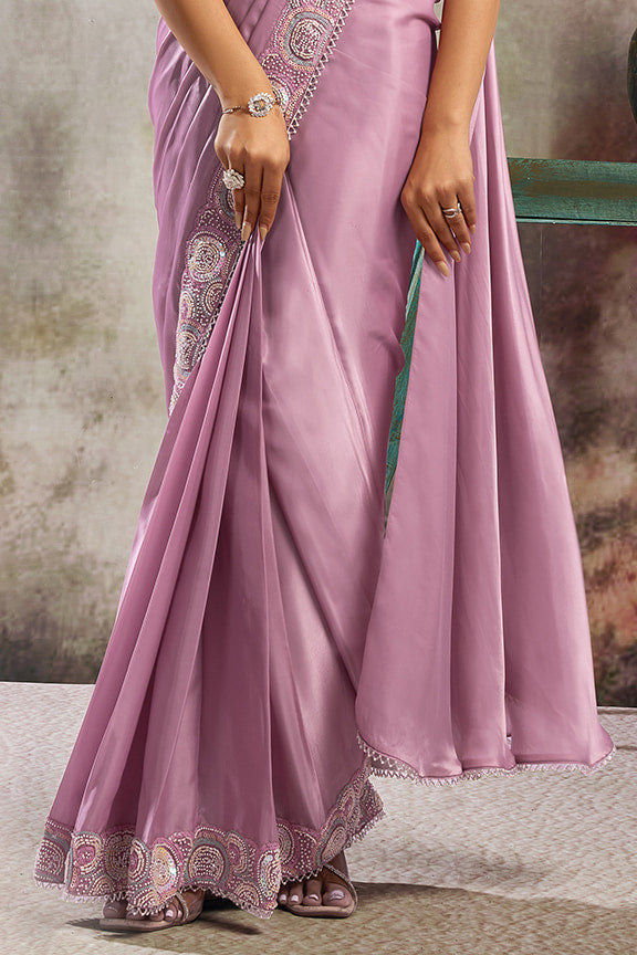 Lavender Pink Drape Saree with Designer Tissue Satin Blouse