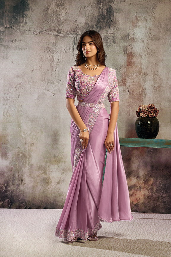 Lavender Pink Drape Saree with Designer Tissue Satin Blouse