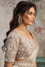 Pearl Grey Drape Saree with Rainbow Stone Embroidery