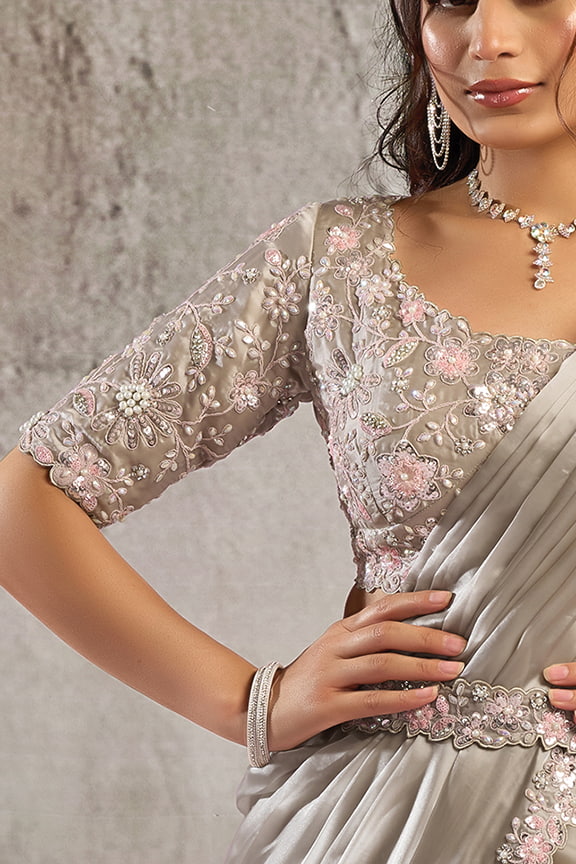 Pearl Grey Drape Saree with Rainbow Stone Embroidery