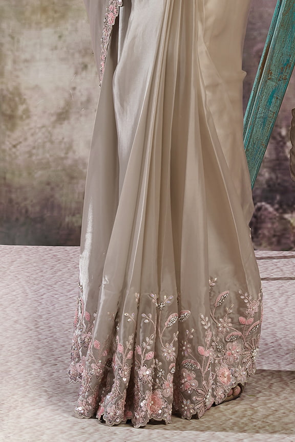 Pearl Grey Drape Saree with Rainbow Stone Embroidery
