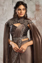 Mocha Brown Drape Saree with Designer Cape