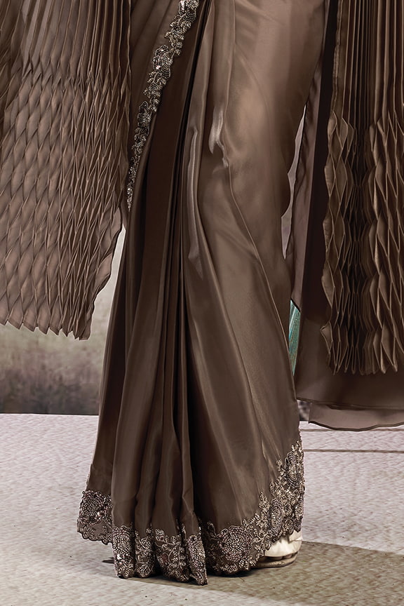 Mocha Brown Drape Saree with Designer Cape