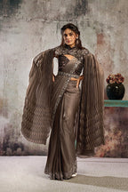 Mocha Brown Drape Saree with Designer Cape