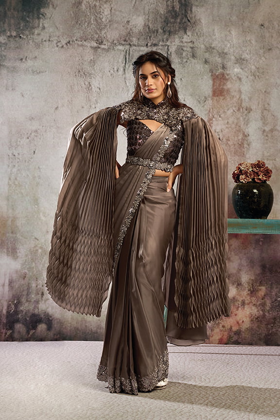 Mocha Brown Drape Saree with Designer Cape