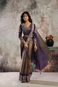 Metallic Gold Metallic Gold Satin Pearl Work Ready to Wear Drape Saree