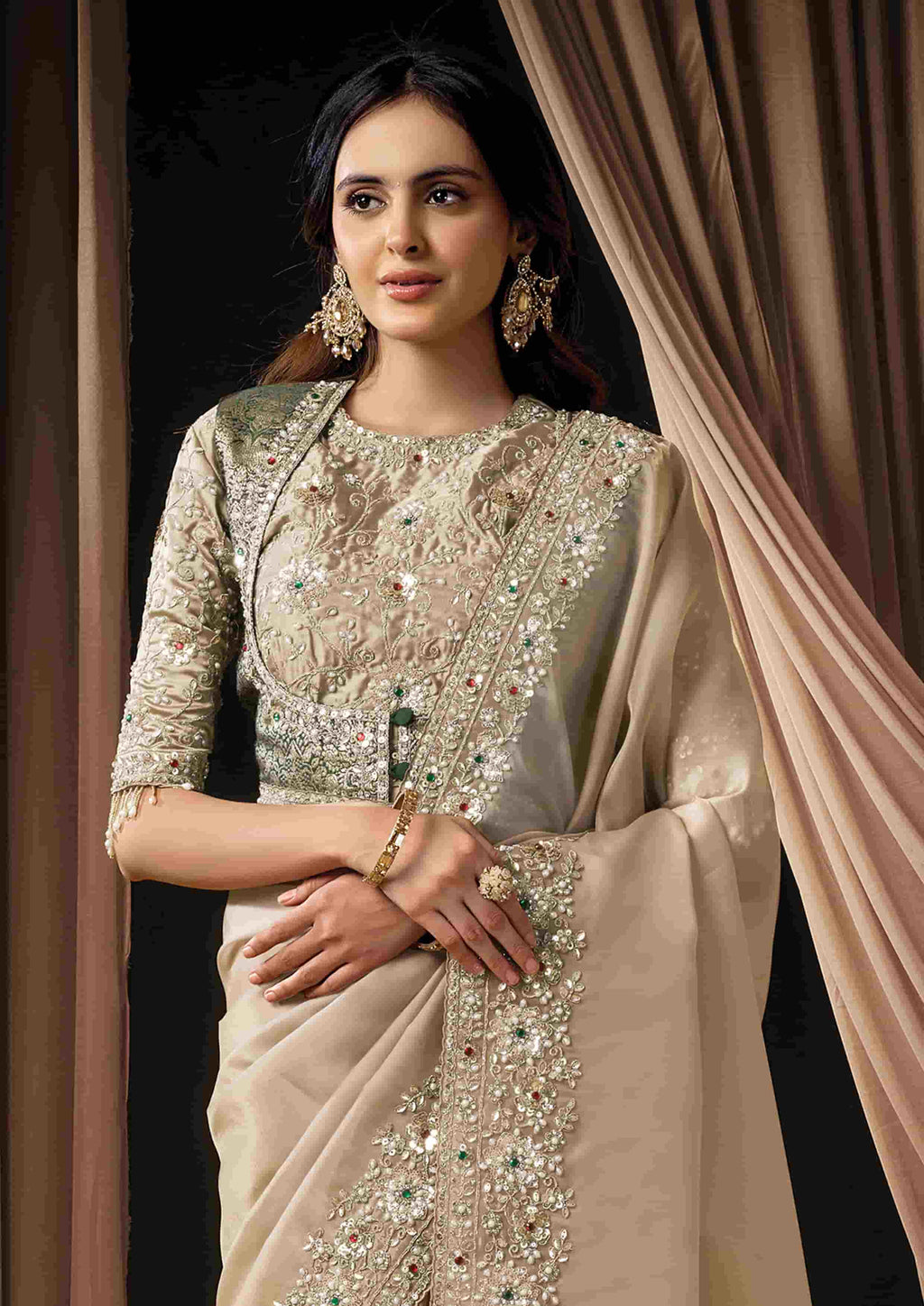 Naksh Creation Ivory Zari Organza Satin Designer Saree with Soft Satin Blouse