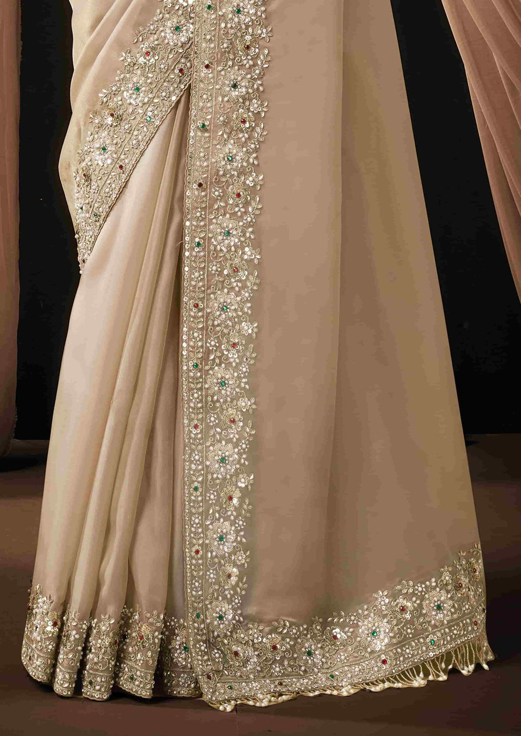 Naksh Creation Ivory Zari Organza Satin Designer Saree with Soft Satin Blouse