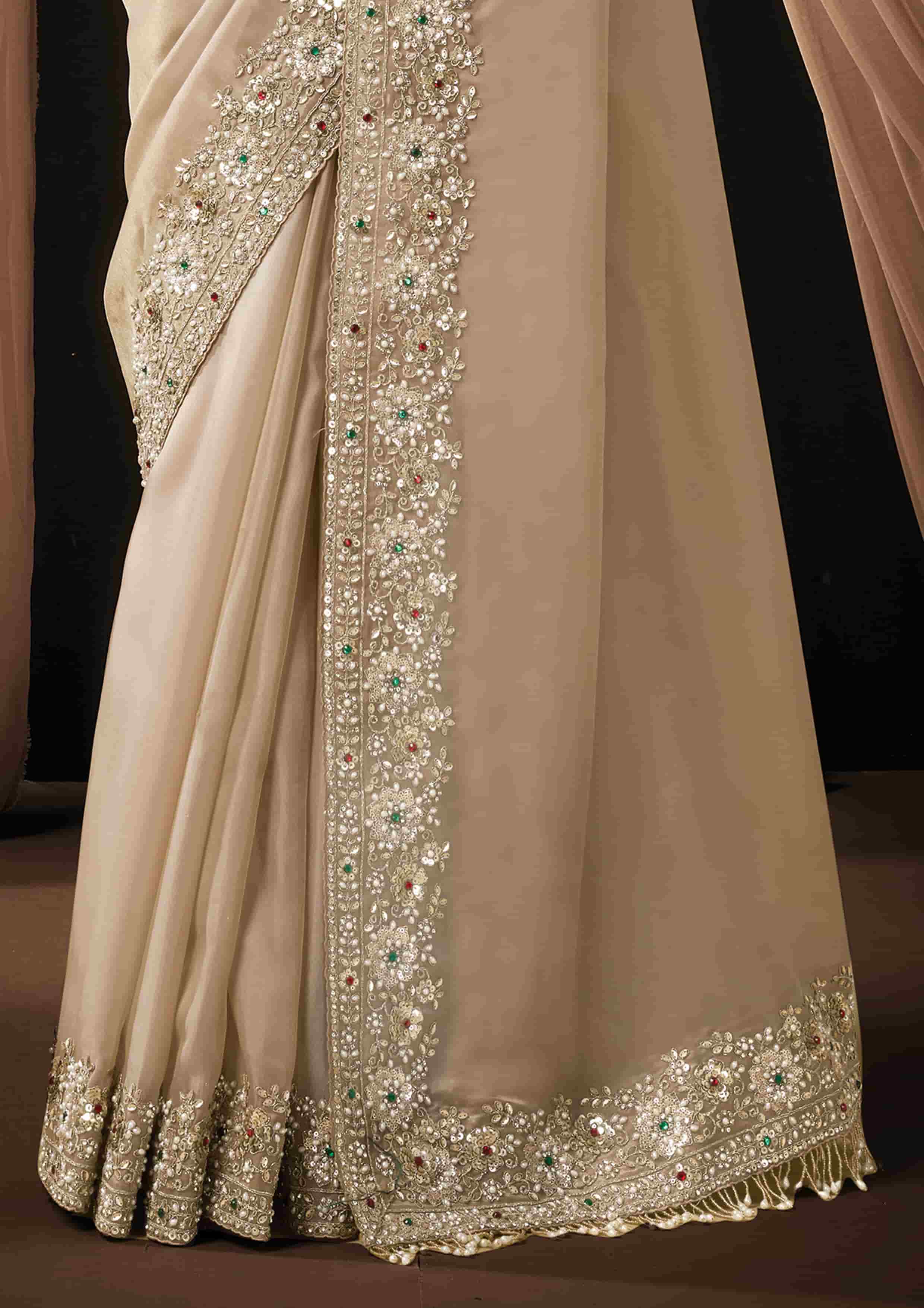 Naksh Creation Ivory Zari Organza Satin Designer Saree with Soft Satin Blouse