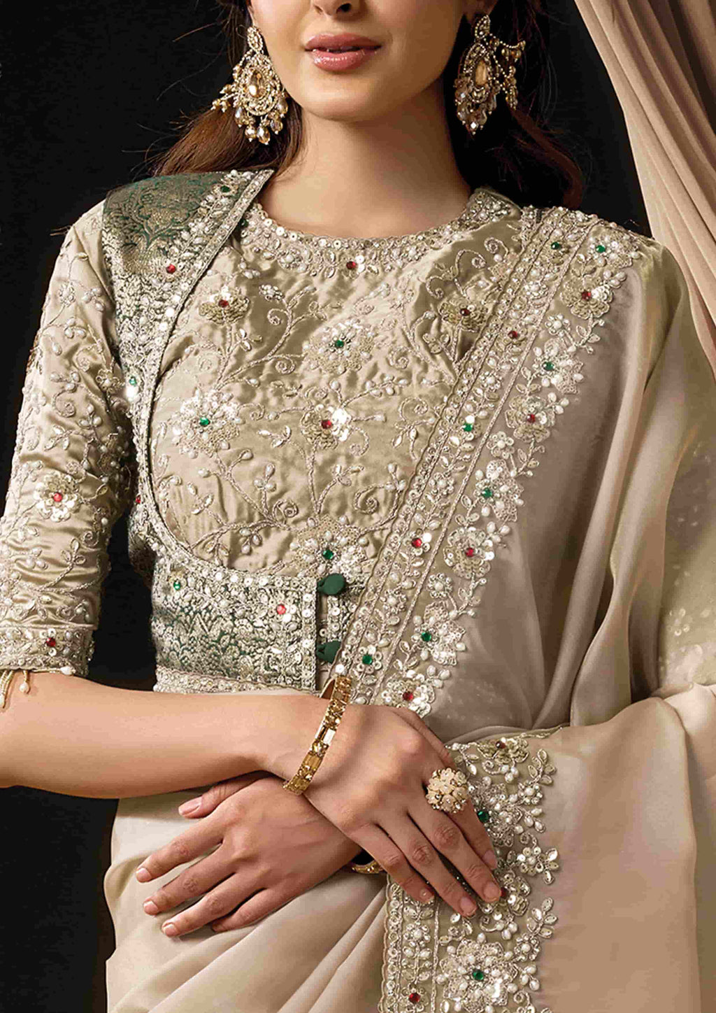Naksh Creation Ivory Zari Organza Satin Designer Saree with Soft Satin Blouse