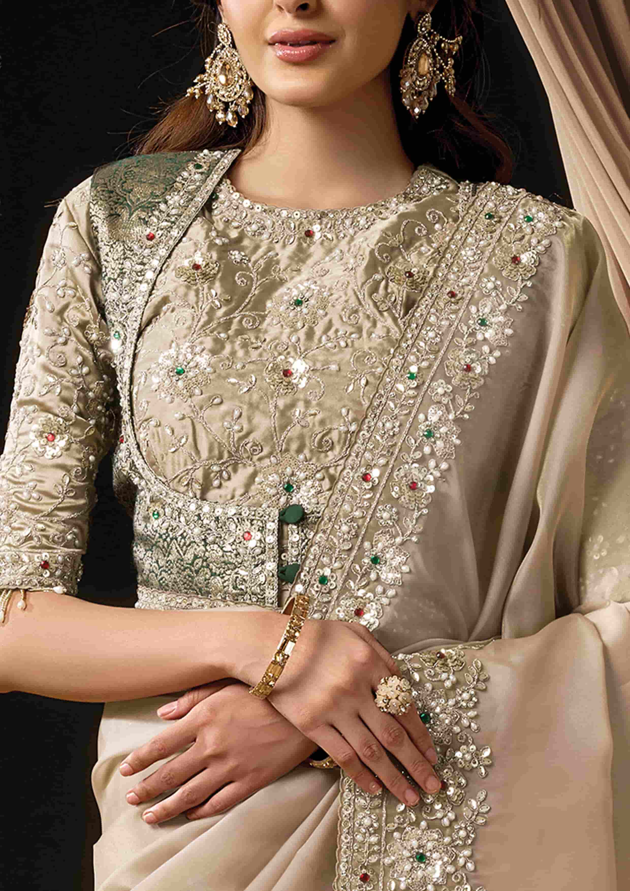 Naksh Creation Ivory Zari Organza Satin Designer Saree with Soft Satin Blouse