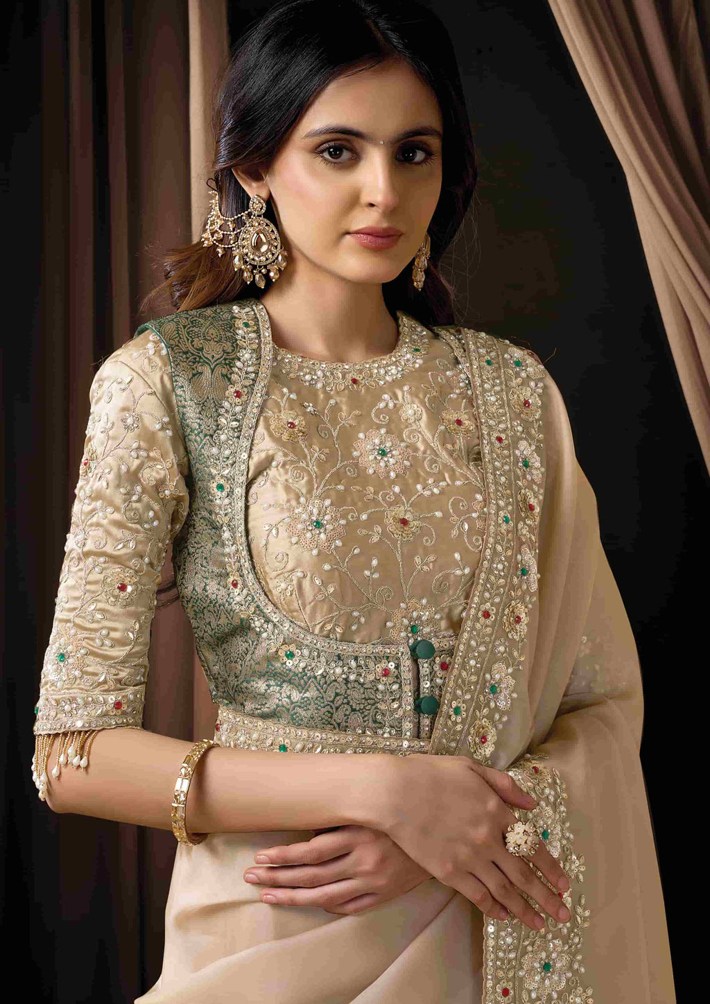 Naksh Creation Ivory Zari Organza Satin Designer Saree with Soft Satin Blouse