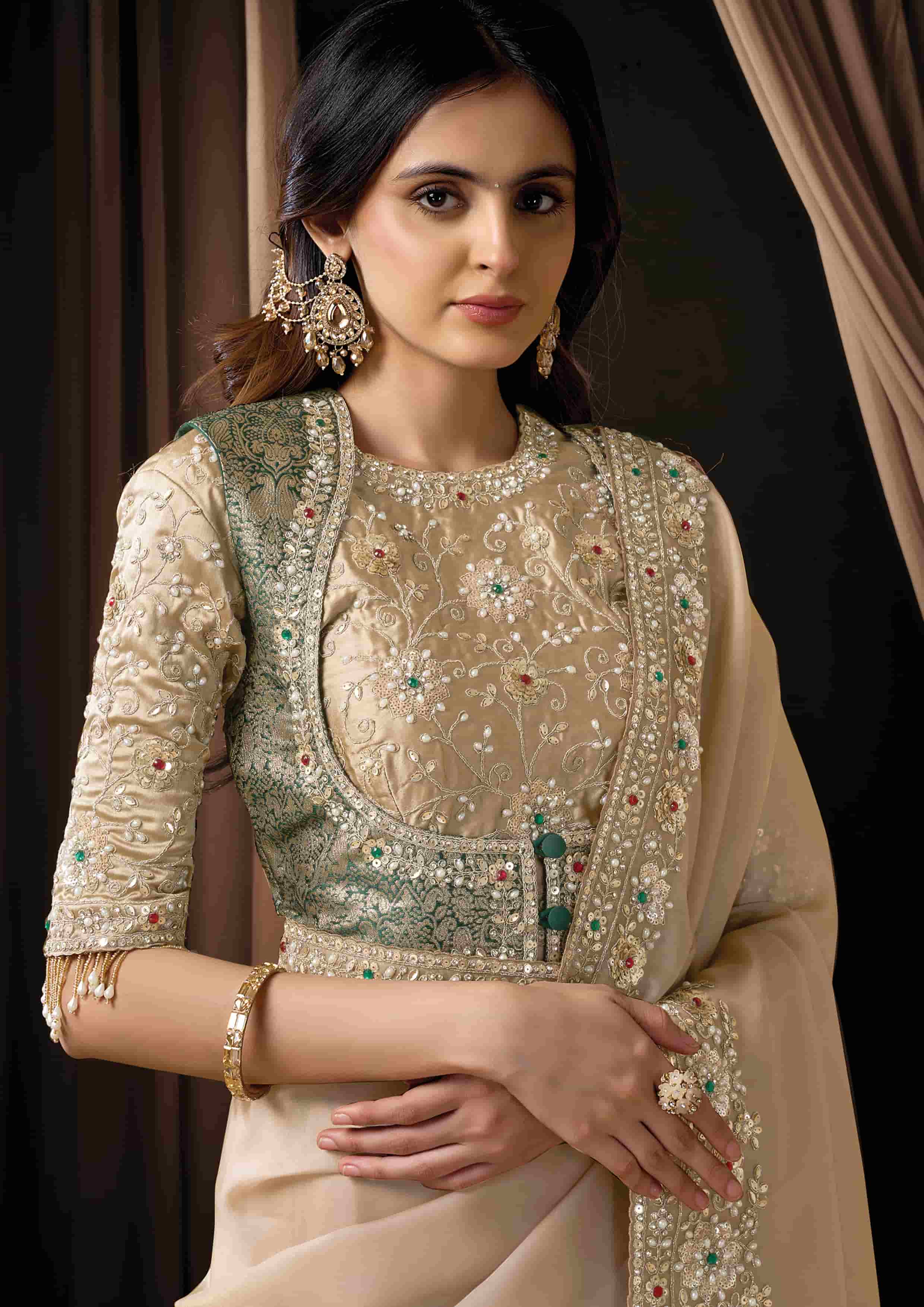 Naksh Creation Ivory Zari Organza Satin Designer Saree with Soft Satin Blouse